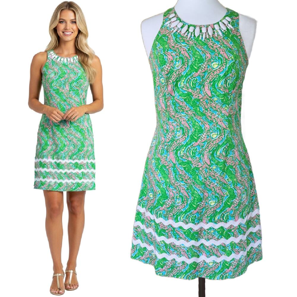 LILLY PULITZER Pearl Mini Dress Size 4 Beaded Chomp Chomp Gators Print